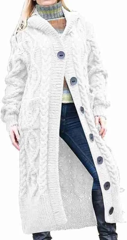 Women's Long Cardigans Chunky Cable Knit Sweater Coat Open Front Button Down Coatigan Oversized Cardigans with Hood