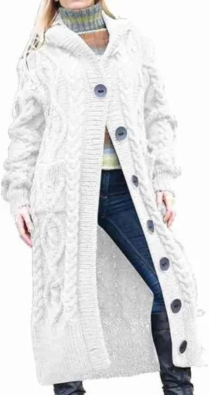 Women's Long Cardigans Chunky Cable Knit Sweater Coat Open Front Button Down Coatigan Oversized Cardigans with Hood