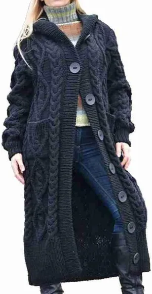 Women's Long Cardigans Chunky Cable Knit Sweater Coat Open Front Button Down Coatigan Oversized Cardigans with Hood
