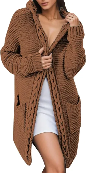 Women's Long Knitted Sweater Coat with Cable Knit Hooded Pocketed Cardigan Cardigans Summer for Women (02-Yellow, XL)