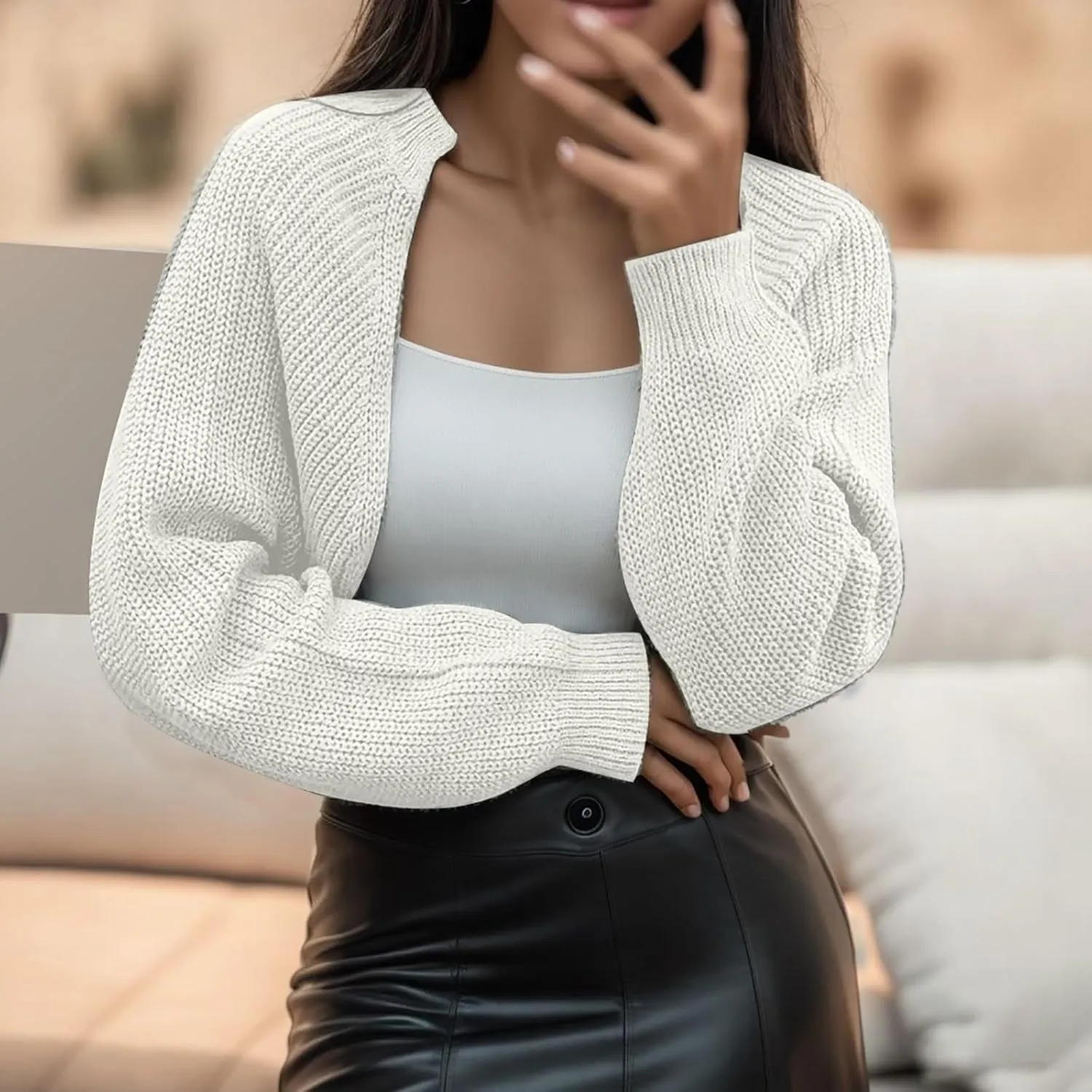 Women's Solid Color French Style Sleeve Knitted Shawl Coat Women's Short Sweater Cardigan Cardigans for Women
