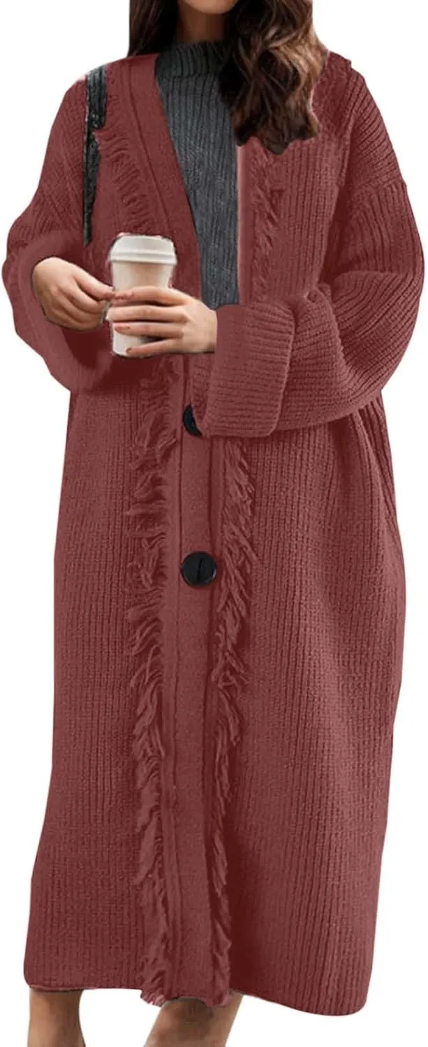 Women's Solid Color Knit Cardigan with Tassels Long Sleeve Open Front Sweater Fall Winter Chartreuse Cardigan