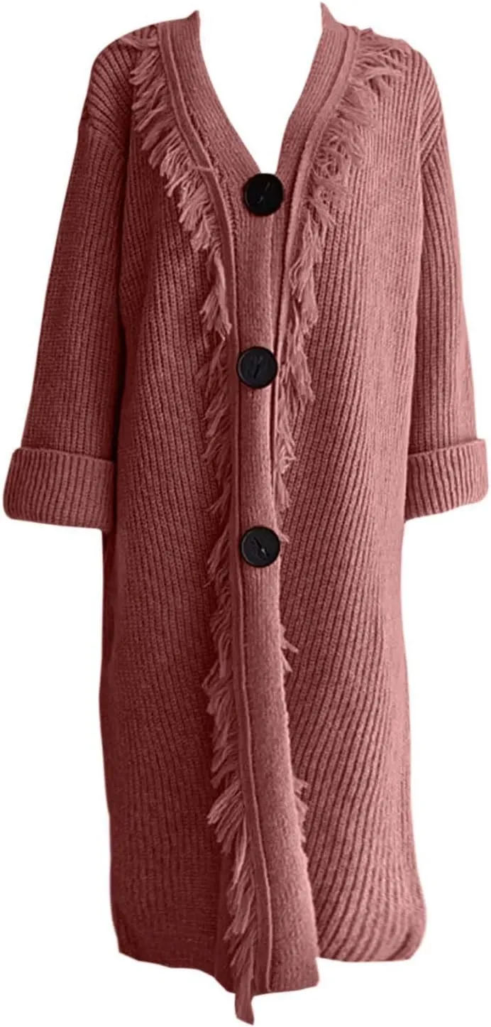 Women's Solid Color Knit Cardigan with Tassels Long Sleeve Open Front Sweater Fall Winter Chartreuse Cardigan
