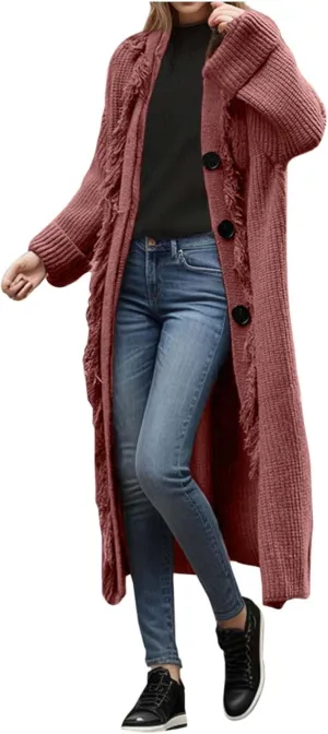 Women's Solid Color Knit Cardigan with Tassels Long Sleeve Open Front Sweater Fall Winter Chartreuse Cardigan