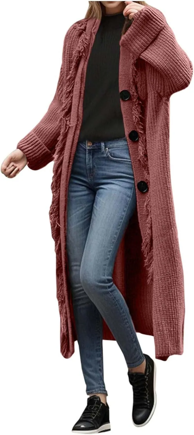Women's Solid Color Knit Cardigan with Tassels Long Sleeve Open Front Sweater Fall Winter Chartreuse Cardigan