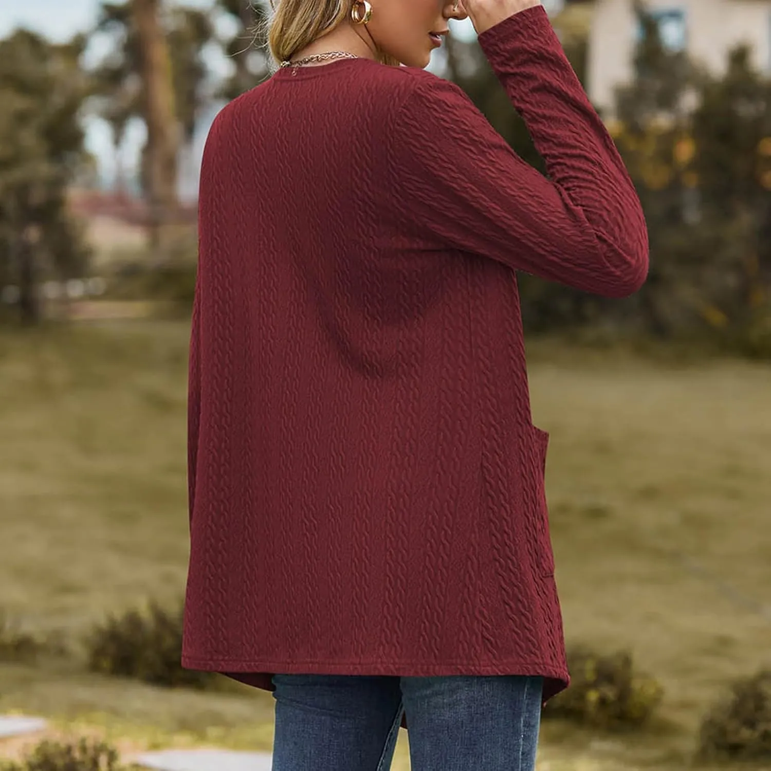 Women's Solid Color Loose Long Sleeve Pocket Cardigan Jacket Girls Cardigan Chunky Knit Cardigan