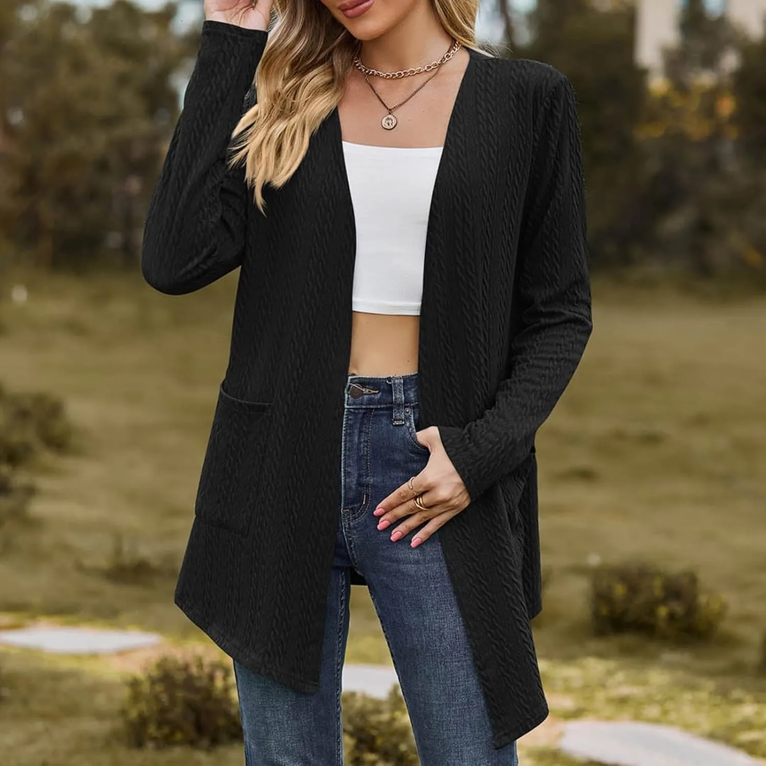Women's Solid Color Loose Long Sleeve Pocket Cardigan Jacket Girls Cardigan Chunky Knit Cardigan