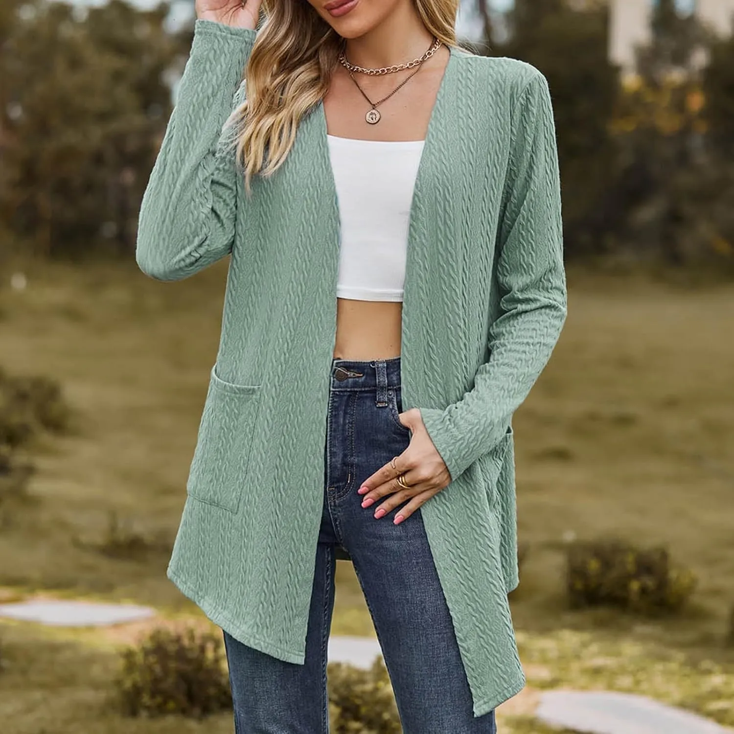 Women's Solid Color Loose Long Sleeve Pocket Cardigan Jacket Girls Cardigan Chunky Knit Cardigan