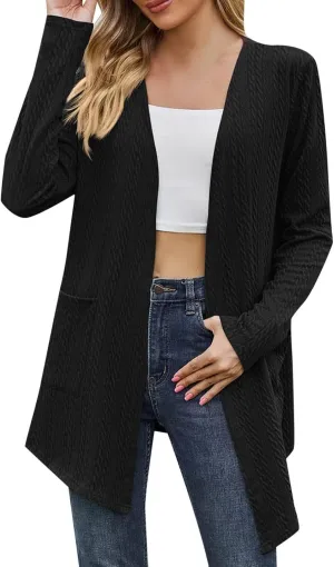Women's Solid Color Loose Long Sleeve Pocket Cardigan Jacket Girls Cardigan Chunky Knit Cardigan