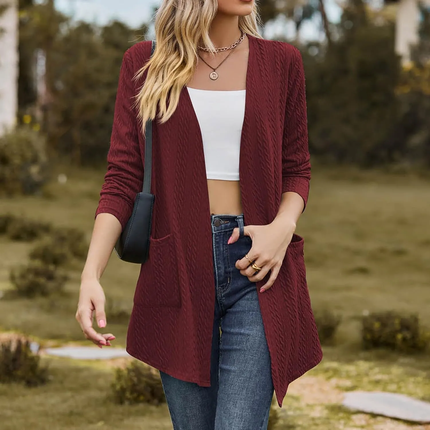 Women's Solid Color Loose Long Sleeve Pocket Cardigan Jacket Girls Cardigan Chunky Knit Cardigan