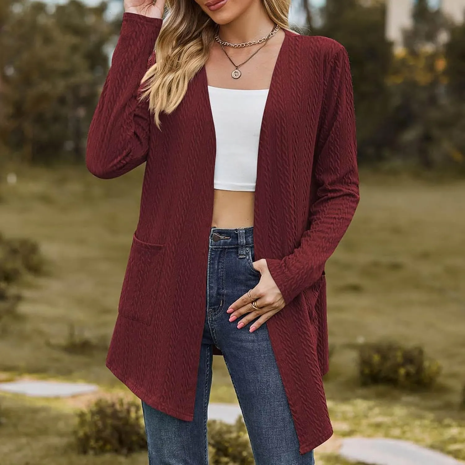 Women's Solid Color Loose Long Sleeve Pocket Cardigan Jacket Girls Cardigan Chunky Knit Cardigan