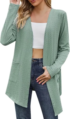 Women's Solid Color Loose Long Sleeve Pocket Cardigan Jacket Girls Cardigan Chunky Knit Cardigan