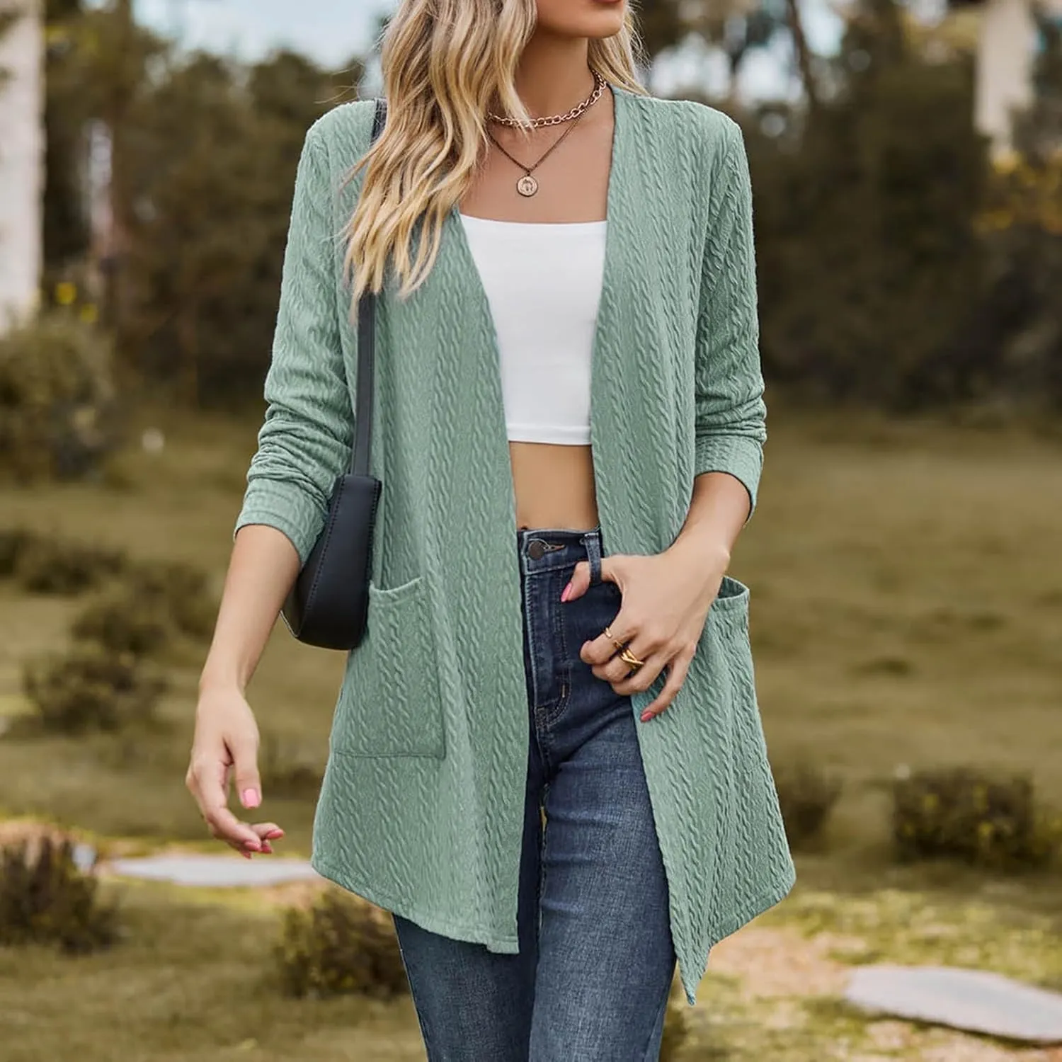 Women's Solid Color Loose Long Sleeve Pocket Cardigan Jacket Girls Cardigan Chunky Knit Cardigan