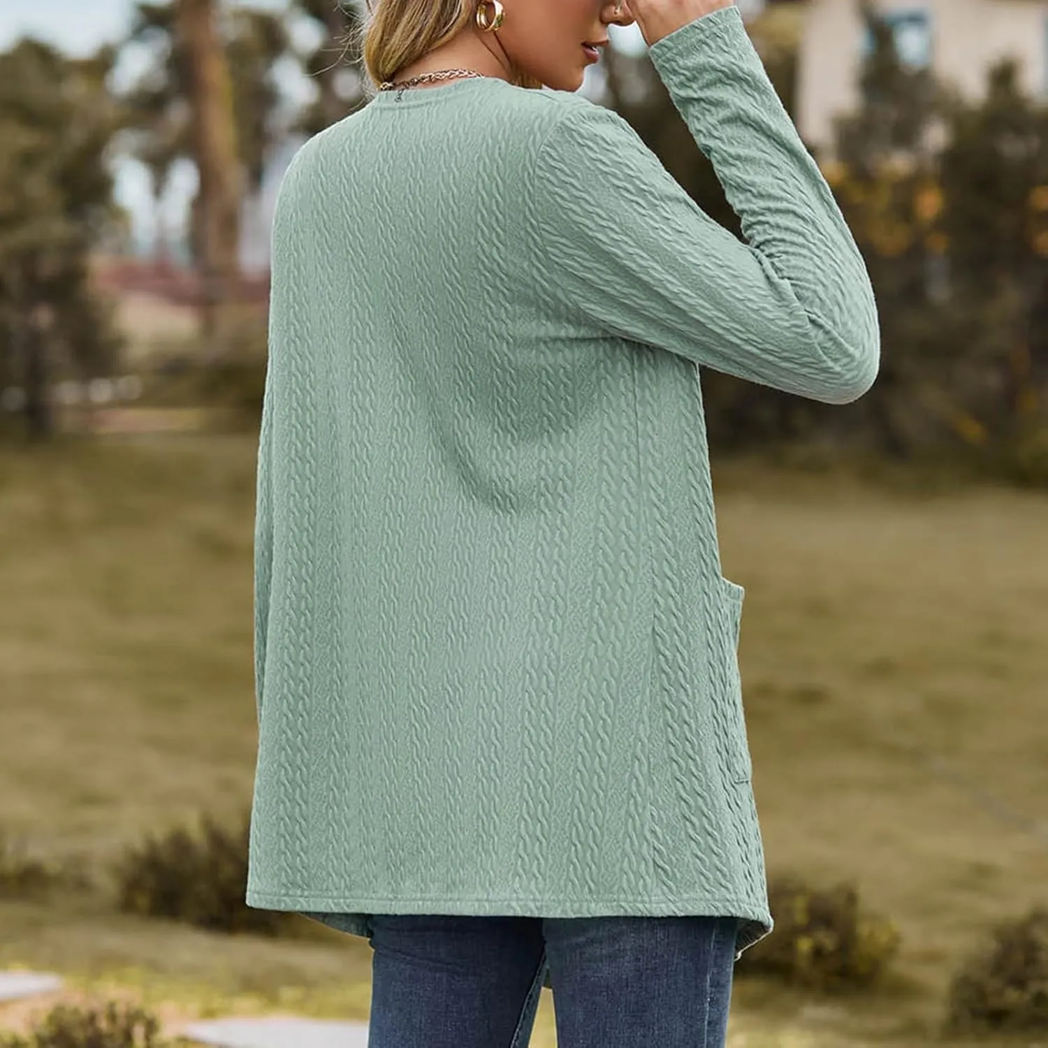 Women's Solid Color Loose Long Sleeve Pocket Cardigan Jacket Girls Cardigan Chunky Knit Cardigan
