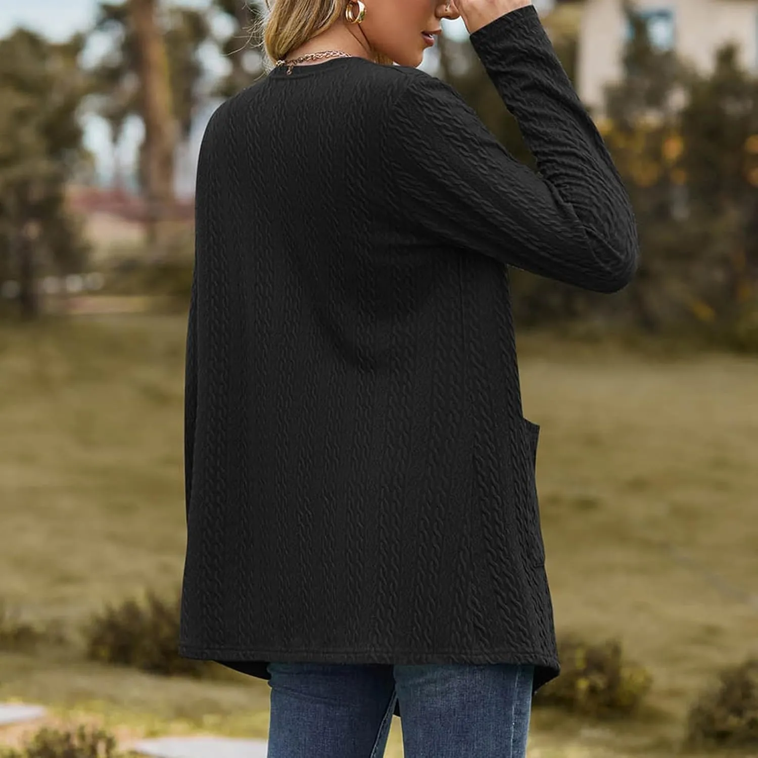 Women's Solid Color Loose Long Sleeve Pocket Cardigan Jacket Girls Cardigan Chunky Knit Cardigan