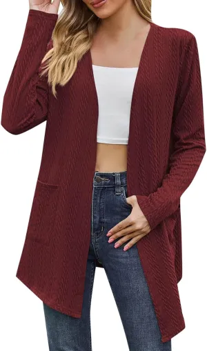 Women's Solid Color Loose Long Sleeve Pocket Cardigan Jacket Girls Cardigan Chunky Knit Cardigan