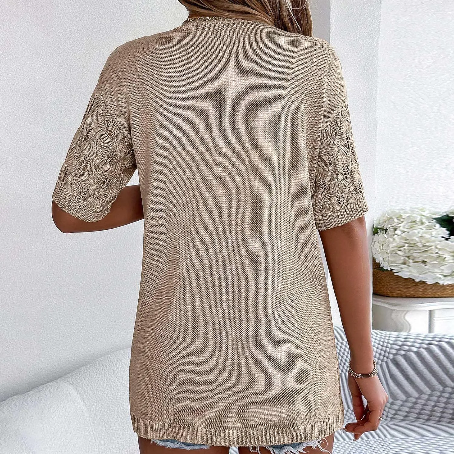 Women's Solid Color Summer Crochet Short Sleeve Knit Cardigan Lightweight Open Front Sun Cover Heavy Cardigan