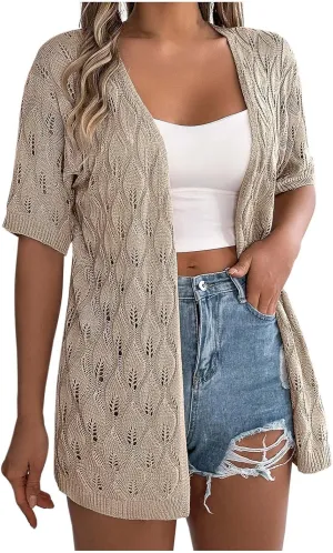 Women's Solid Color Summer Crochet Short Sleeve Knit Cardigan Lightweight Open Front Sun Cover Heavy Cardigan
