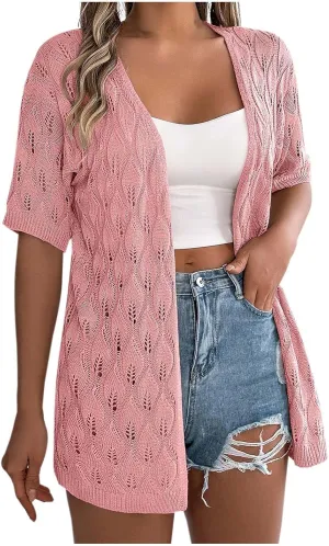 Women's Solid Color Summer Crochet Short Sleeve Knit Cardigan Lightweight Open Front Sun Cover Knit Open Front