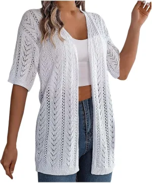 Women's Solid Color Summer Crochet Short Sleeve Knit Cardigan Lightweight Open Front Sun Cover Knit Open Front