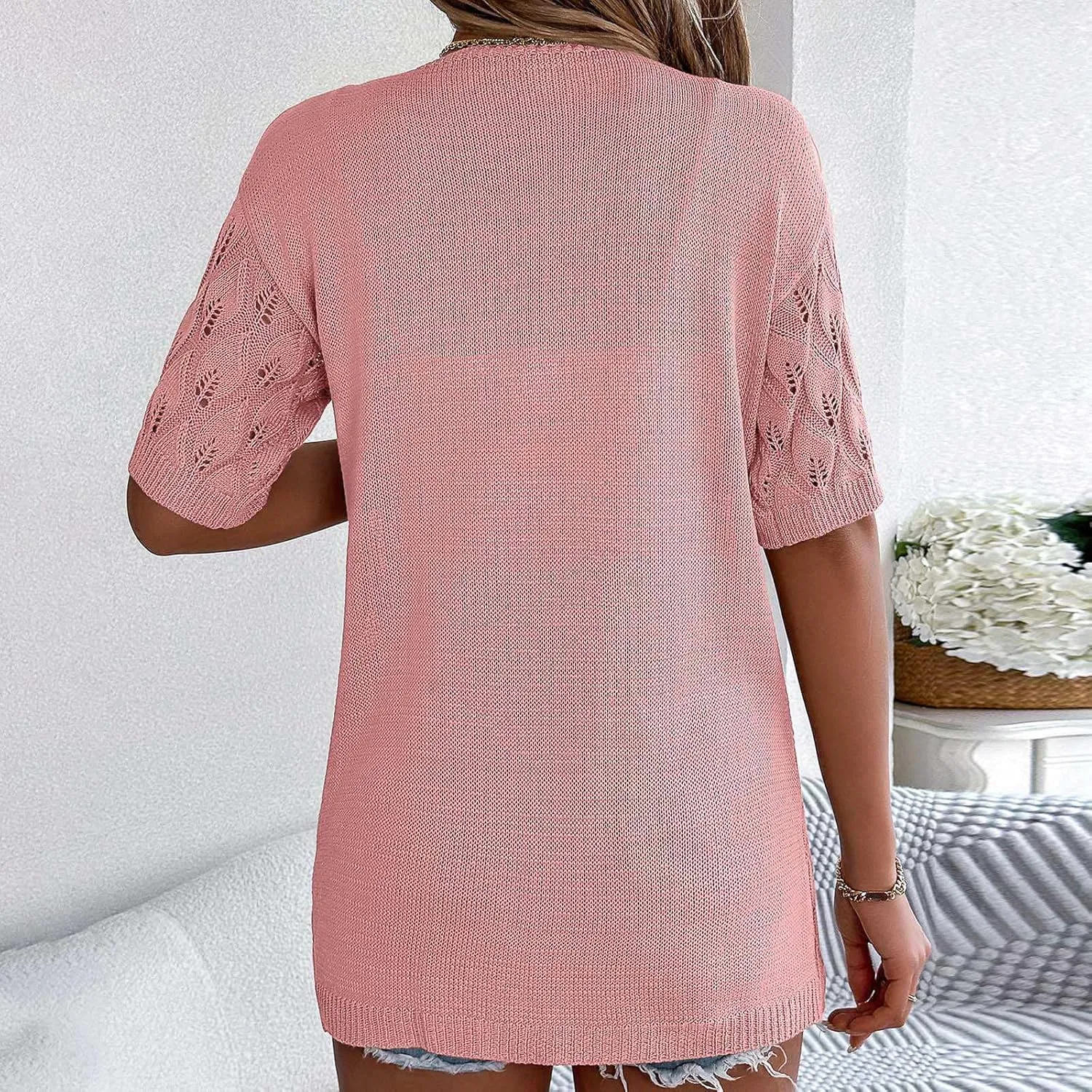 Women's Solid Color Summer Crochet Short Sleeve Knit Cardigan Lightweight Open Front Sun Cover Knit Open Front