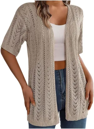 Women's Solid Color Summer Crochet Short Sleeve Knit Cardigan Lightweight Open Front Sun Cover Knit Open Front