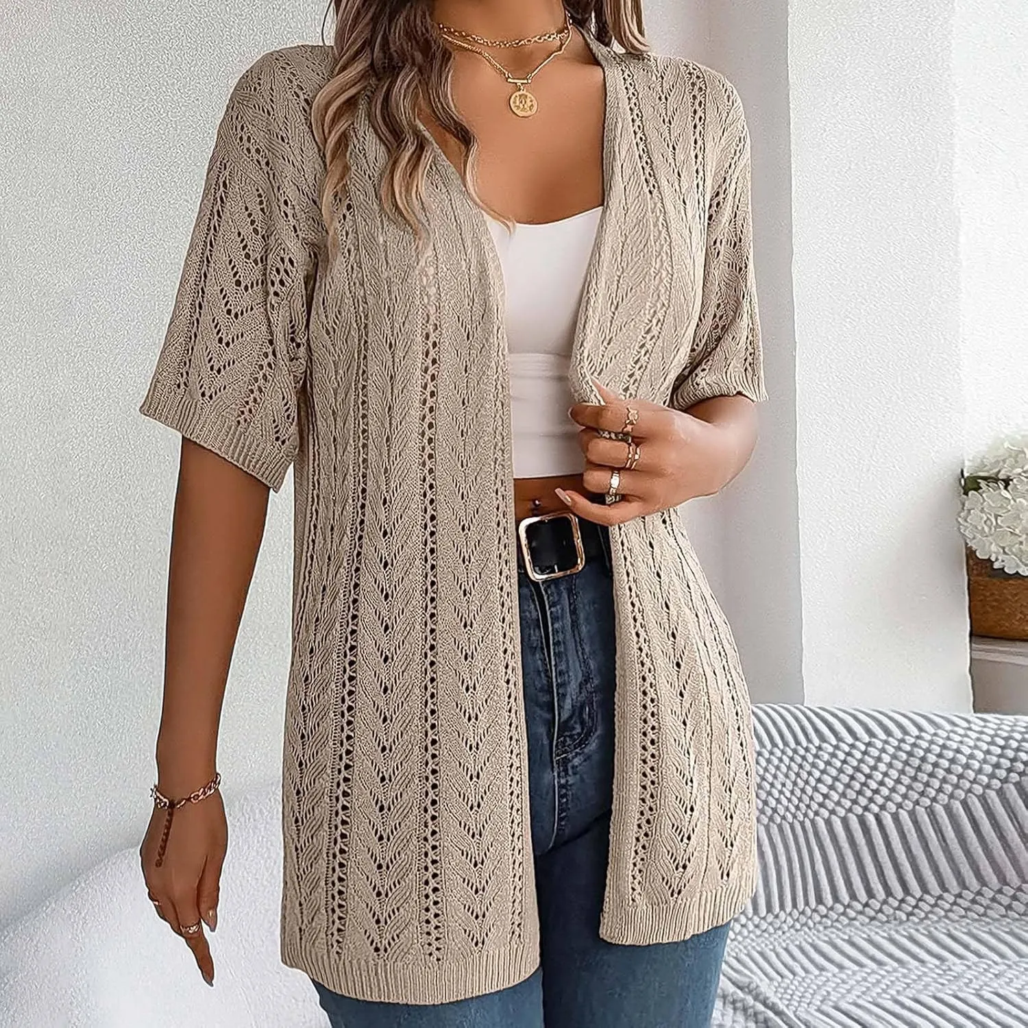 Women's Solid Color Summer Crochet Short Sleeve Knit Cardigan Lightweight Open Front Sun Cover Knit Open Front