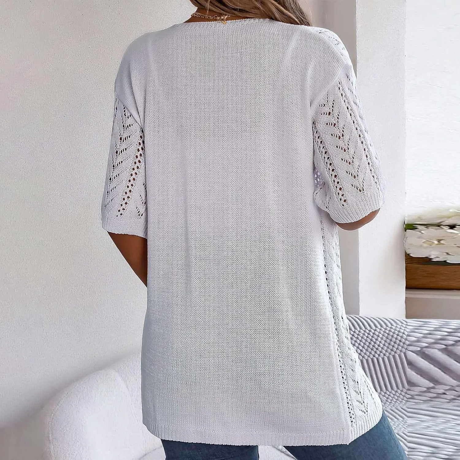 Women's Solid Color Summer Crochet Short Sleeve Knit Cardigan Lightweight Open Front Sun Cover Knit Open Front
