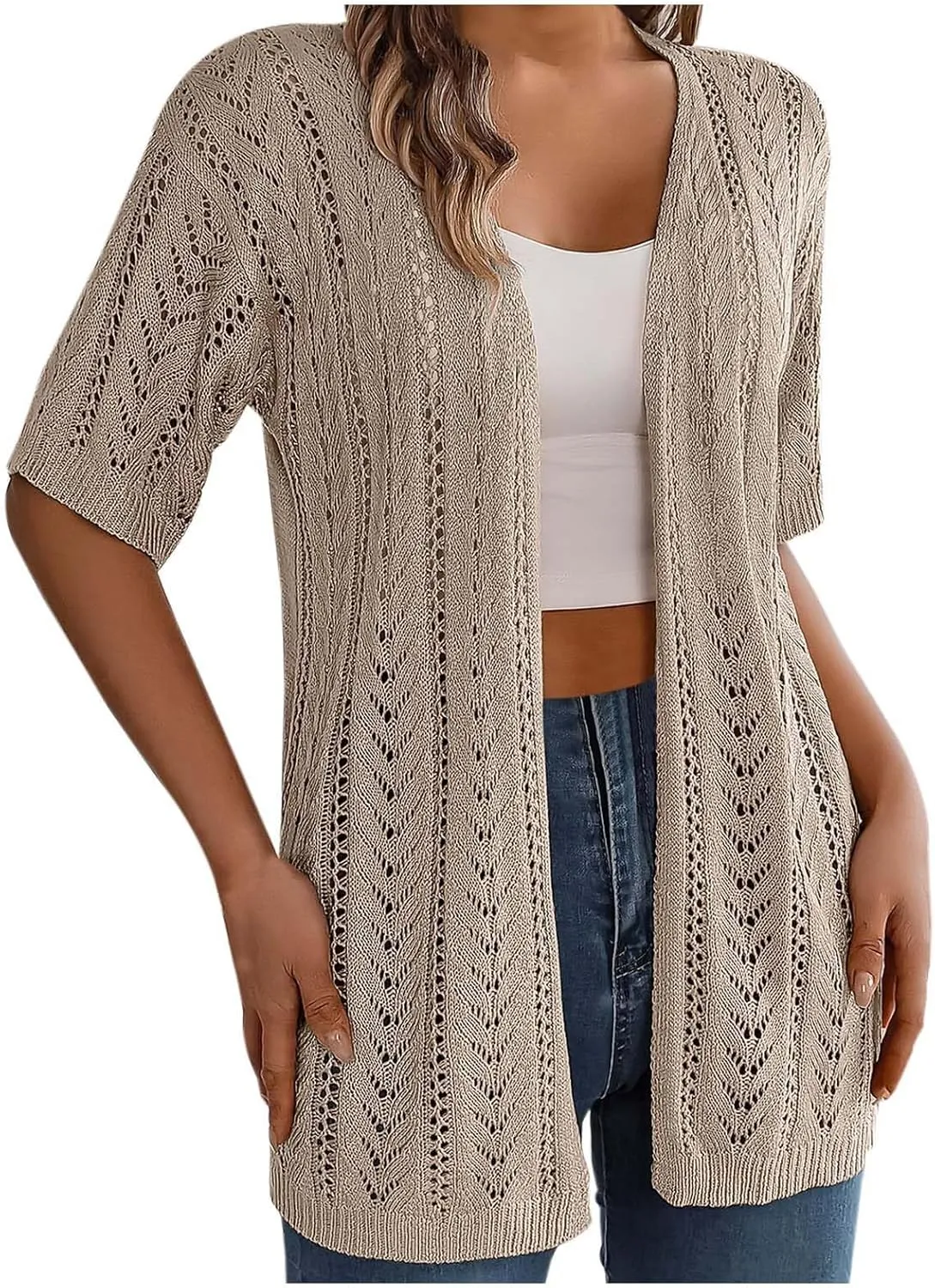 Women's Solid Color Summer Crochet Short Sleeve Knit Cardigan Lightweight Open Front Sun Cover Knit Open Front