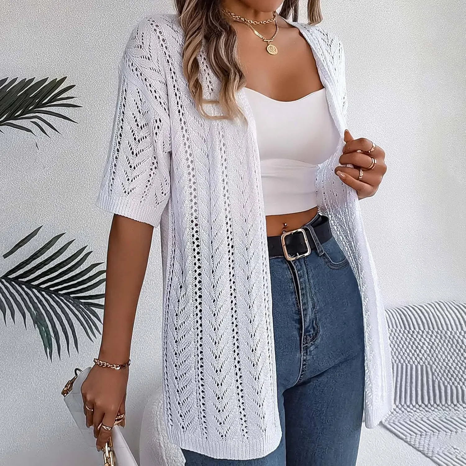 Women's Solid Color Summer Crochet Short Sleeve Knit Cardigan Lightweight Open Front Sun Cover Knit Open Front