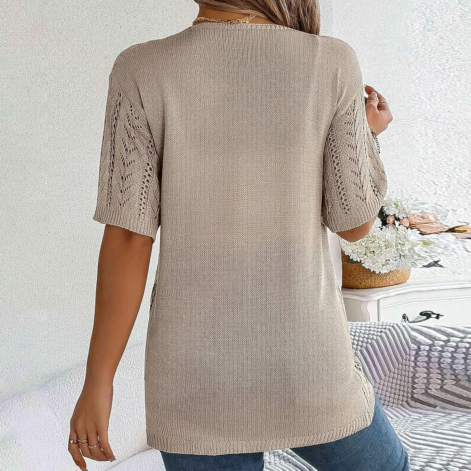 Women's Solid Color Summer Crochet Short Sleeve Knit Cardigan Lightweight Open Front Sun Cover Knit Open Front