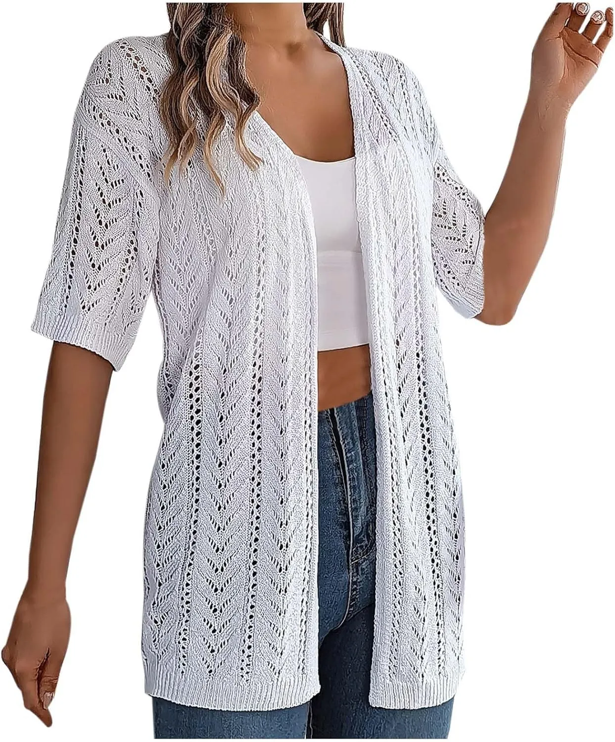 Women's Solid Color Summer Crochet Short Sleeve Knit Cardigan Lightweight Open Front Sun Cover Knit Open Front