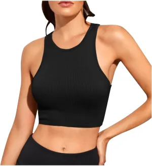 Women's Sports Tank Tops Ribbed Seamless Round Neck Workout Tank Tops Basic Workout Running Yoga Crop Top Athletic