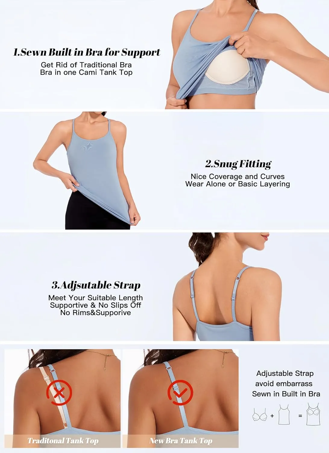 Womens Tank Tops Adjustable Strap Camisole with Built in Padded Bra Vest Sleeveless Layer Top 1/2/3 Packs