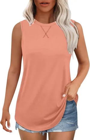 Womens Tank Tops Workout Sleeveless Crew Neck Tunic Top Solid Color Business Comfy Summer Vacation Trendy Camisole
