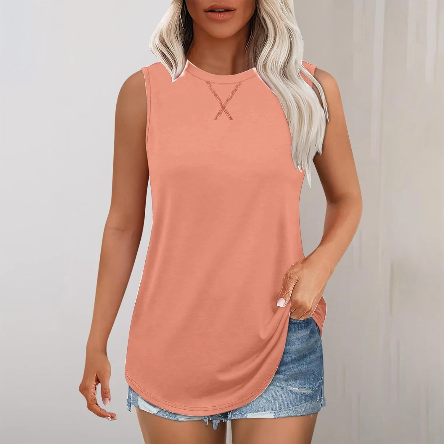 Womens Tank Tops Workout Sleeveless Crew Neck Tunic Top Solid Color Business Comfy Summer Vacation Trendy Camisole