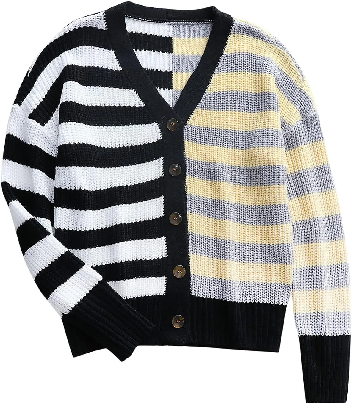 Womens V-Neck Sweaters Long Sleeve Button Down Cardigan Casual Knit Color Block Stripes Women's Sweater Coats
