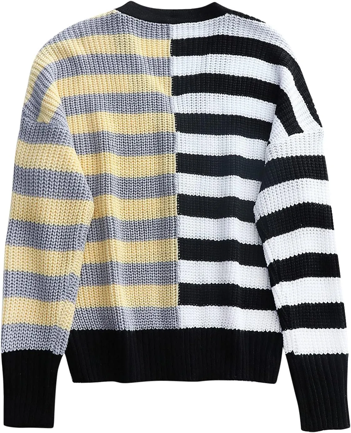 Womens V-Neck Sweaters Long Sleeve Button Down Cardigan Casual Knit Color Block Stripes Women's Sweater Coats