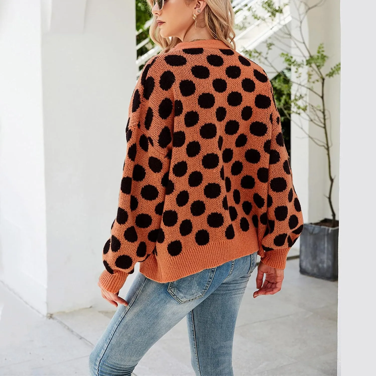 Womens V-Neck Sweaters Long Sleeve Button Down Cardigan Casual Knit Color Block Stripes Women's Sweater Coats