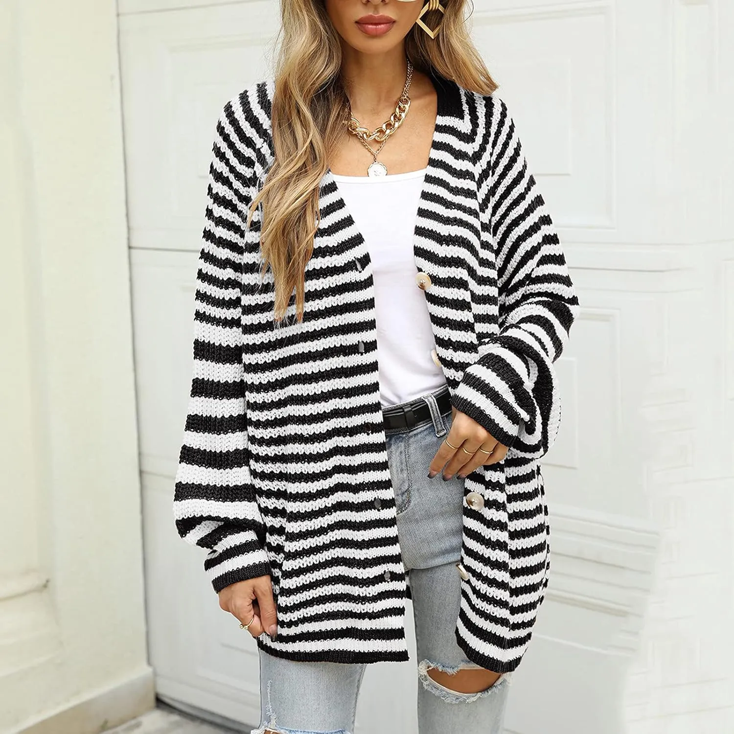 Womens V-Neck Sweaters Long Sleeve Button Down Cardigan Casual Knit Color Block Stripes Women's Sweater Coats