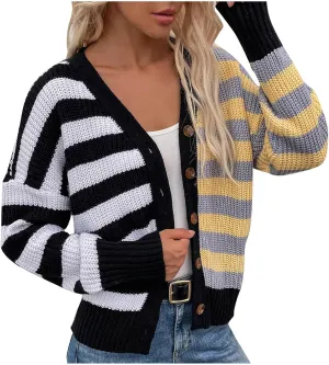 Womens V-Neck Sweaters Long Sleeve Button Down Cardigan Casual Knit Color Block Stripes Women's Sweater Coats