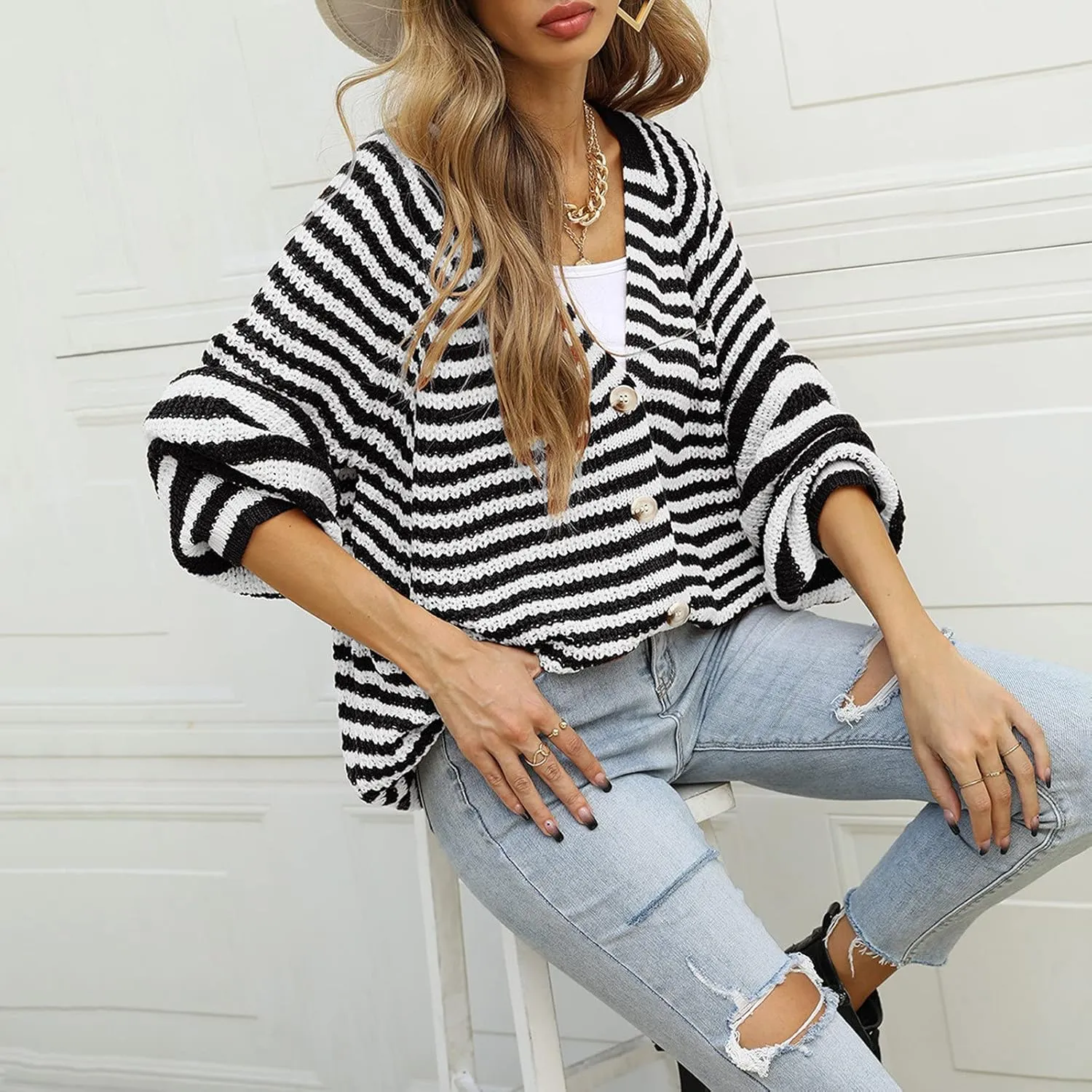 Womens V-Neck Sweaters Long Sleeve Button Down Cardigan Casual Knit Color Block Stripes Women's Sweater Coats