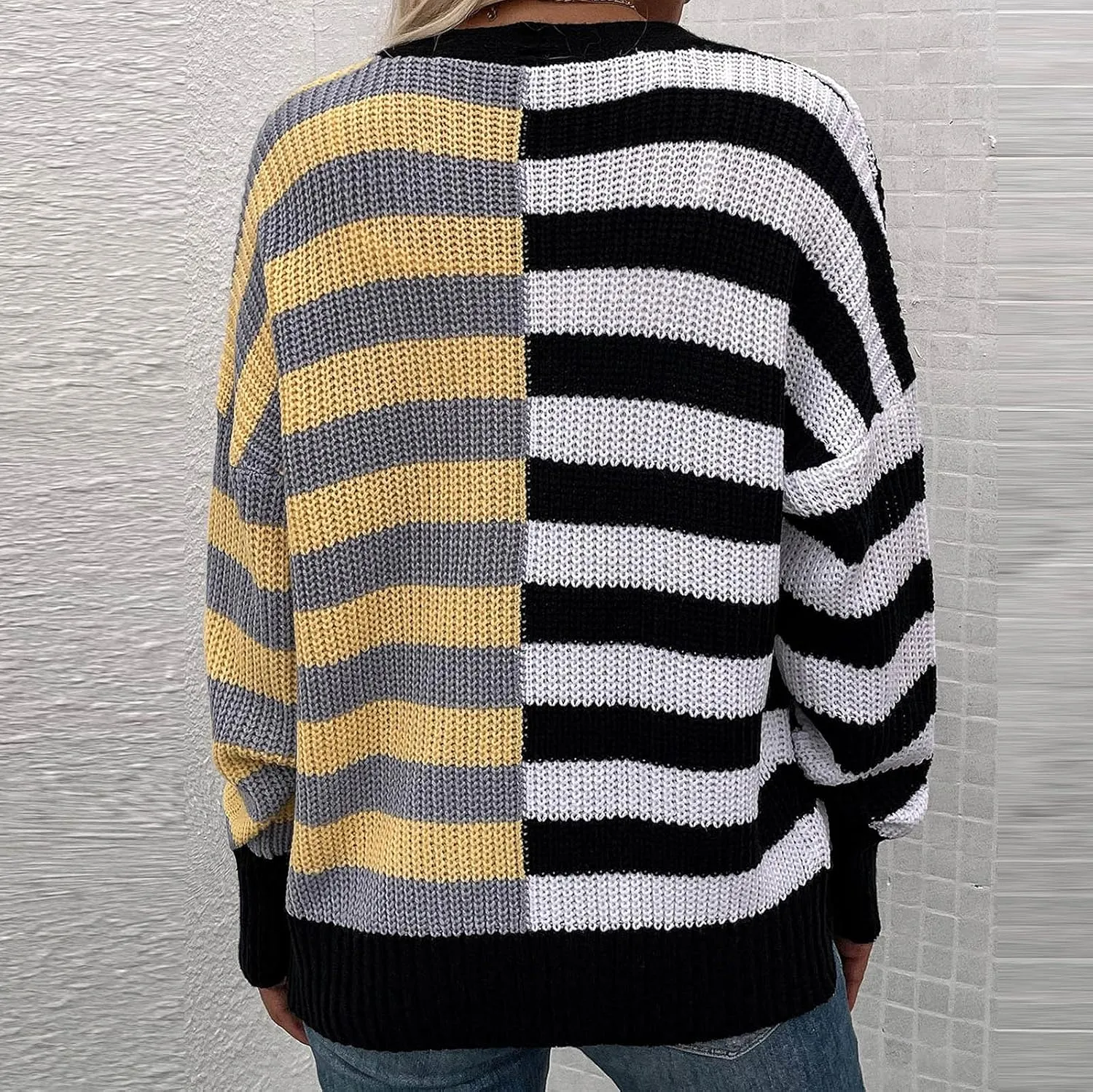 Womens V-Neck Sweaters Long Sleeve Button Down Cardigan Casual Knit Color Block Stripes Women's Sweater Coats