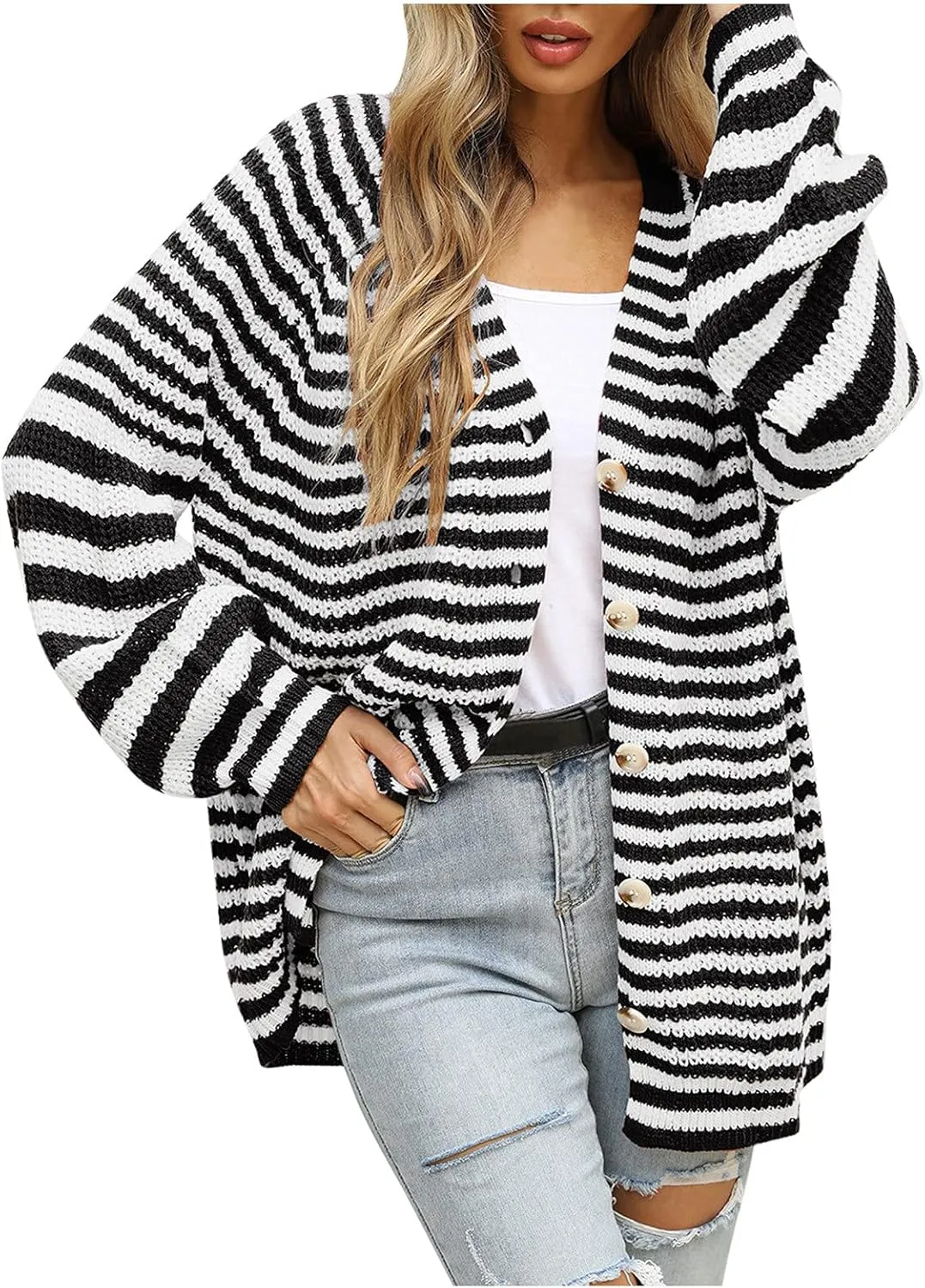 Womens V-Neck Sweaters Long Sleeve Button Down Cardigan Casual Knit Color Block Stripes Women's Sweater Coats