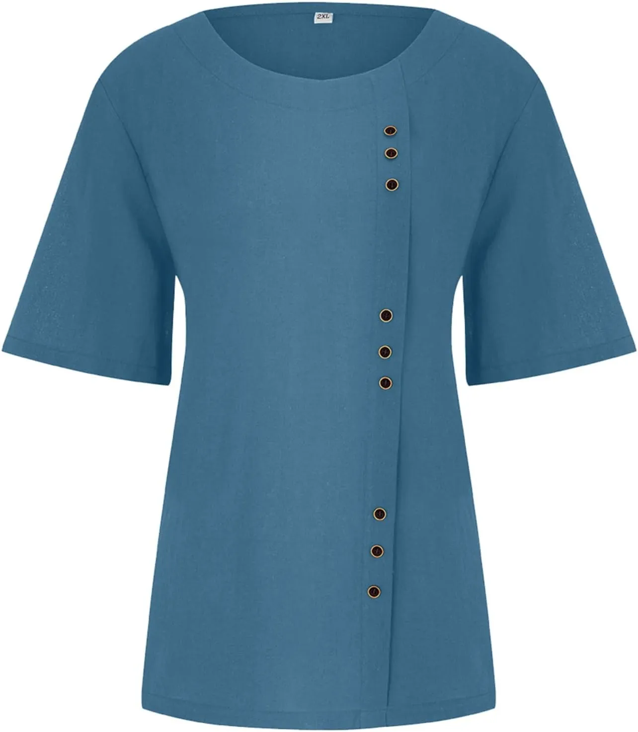 Womens Work Tops Womens Casual Solid Button Top Crewneck Button Tees Linen Plus Size Shirt Loose Short Sleeve Blouse
