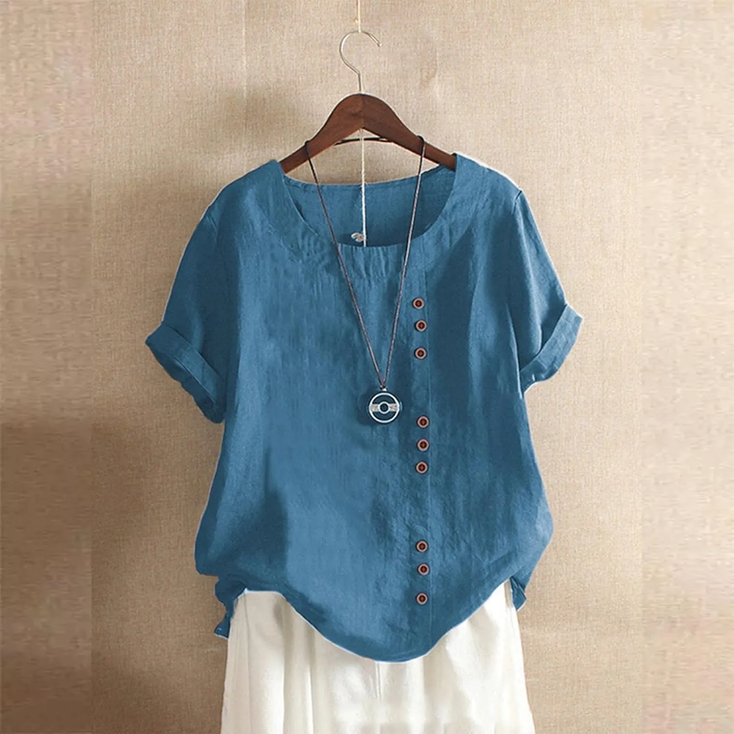 Womens Work Tops Womens Casual Solid Button Top Crewneck Button Tees Linen Plus Size Shirt Loose Short Sleeve Blouse