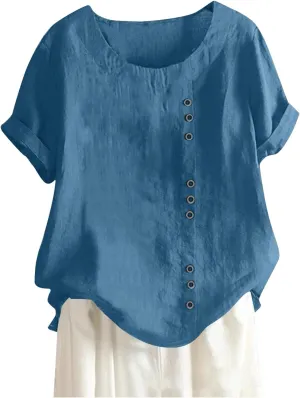 Womens Work Tops Womens Casual Solid Button Top Crewneck Button Tees Linen Plus Size Shirt Loose Short Sleeve Blouse