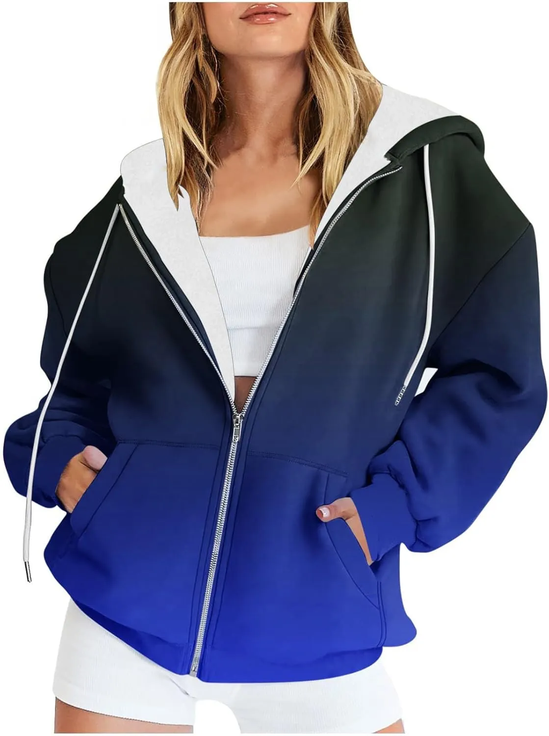 Womens Zip Up Hoodies Sherpa Lined Fleece Thermal Jacket Full Zip Long Sleeve Sweatshirts Gradient Color Shirts Coat