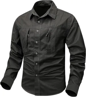 Xiaojmake Men Tactical Shirt Button Down Long Sleeve Ripstop Quick Dry Work Shirt UV Protection Hiking Fishing Safari Shirt