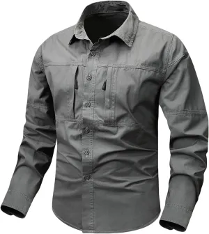 Xiaojmake Men Tactical Shirt Button Down Long Sleeve Ripstop Quick Dry Work Shirt UV Protection Hiking Fishing Safari Shirt